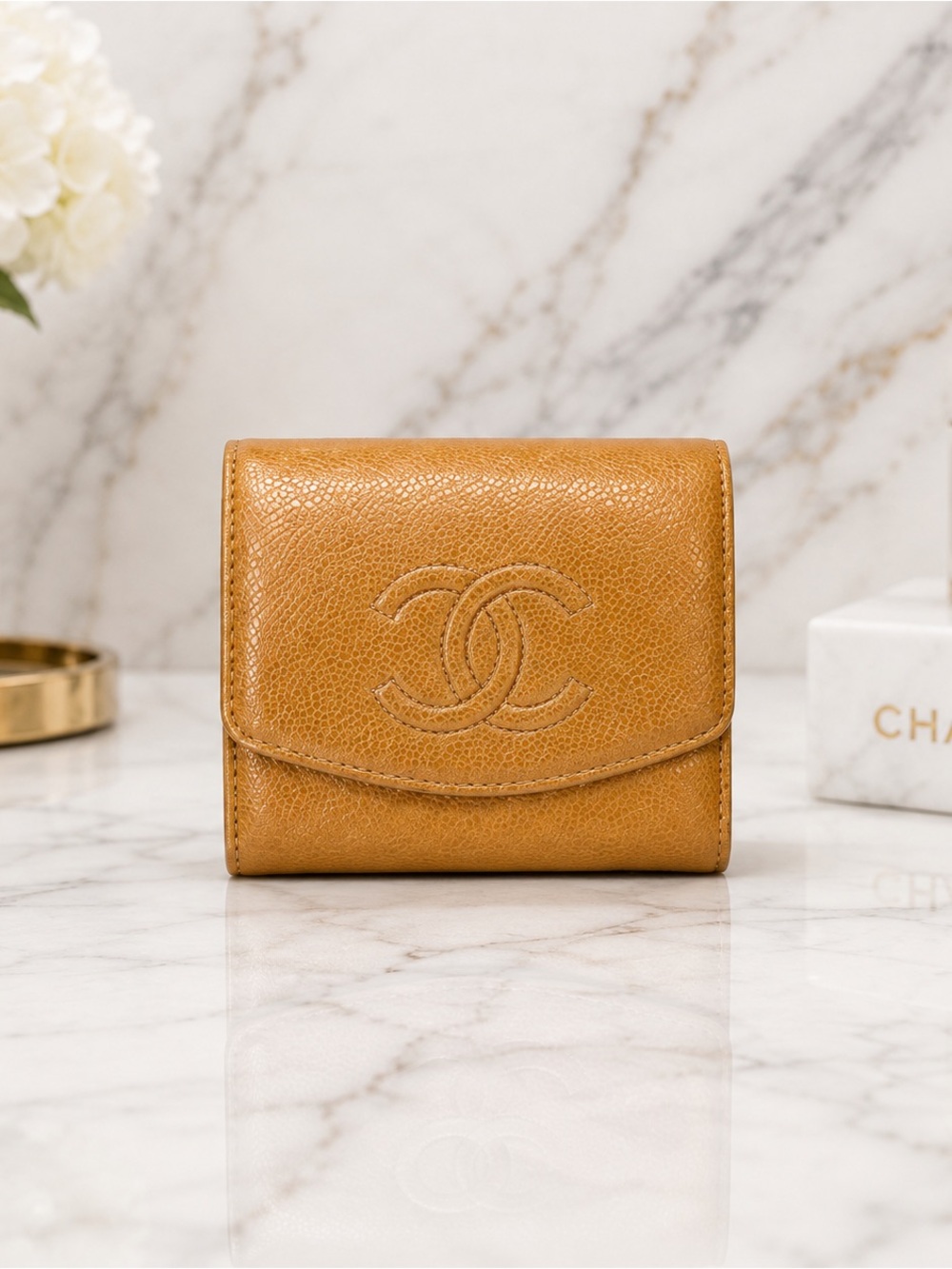 CHANEL Cambon Ligne Camel Caviar Leather Snap Bifold Wallet Vintage
